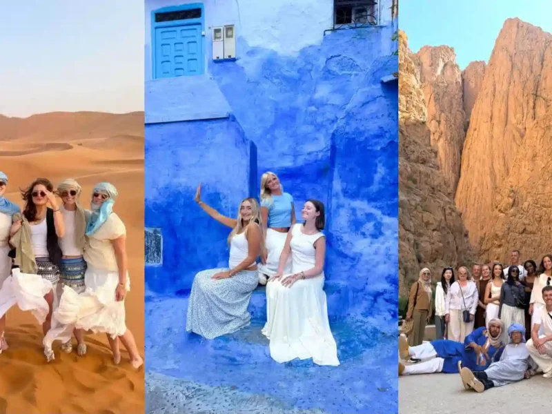 Multi-image collage showcasing key destinations on a Morocco desert tour from Casablanca, including travelers in the Merzouga sand dunes, the blue streets of Chefchaouen, and Todra Gorge. Morocco desert tour from Casablanca, Casablanca to Merzouga tour, Morocco itinerary 7 days.