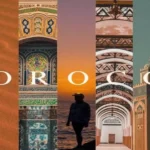 A vertical visual collage displaying top Moroccan sights including tannery vats, desert sand dunes, Islamic tilework, coastal sunset, vaulted hallways, and a minaret. best time to visit Morocco