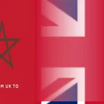 A promotional banner merging the Moroccan flag with the UK Union Jack flag, featuring the text Travel From UK to Morocco.