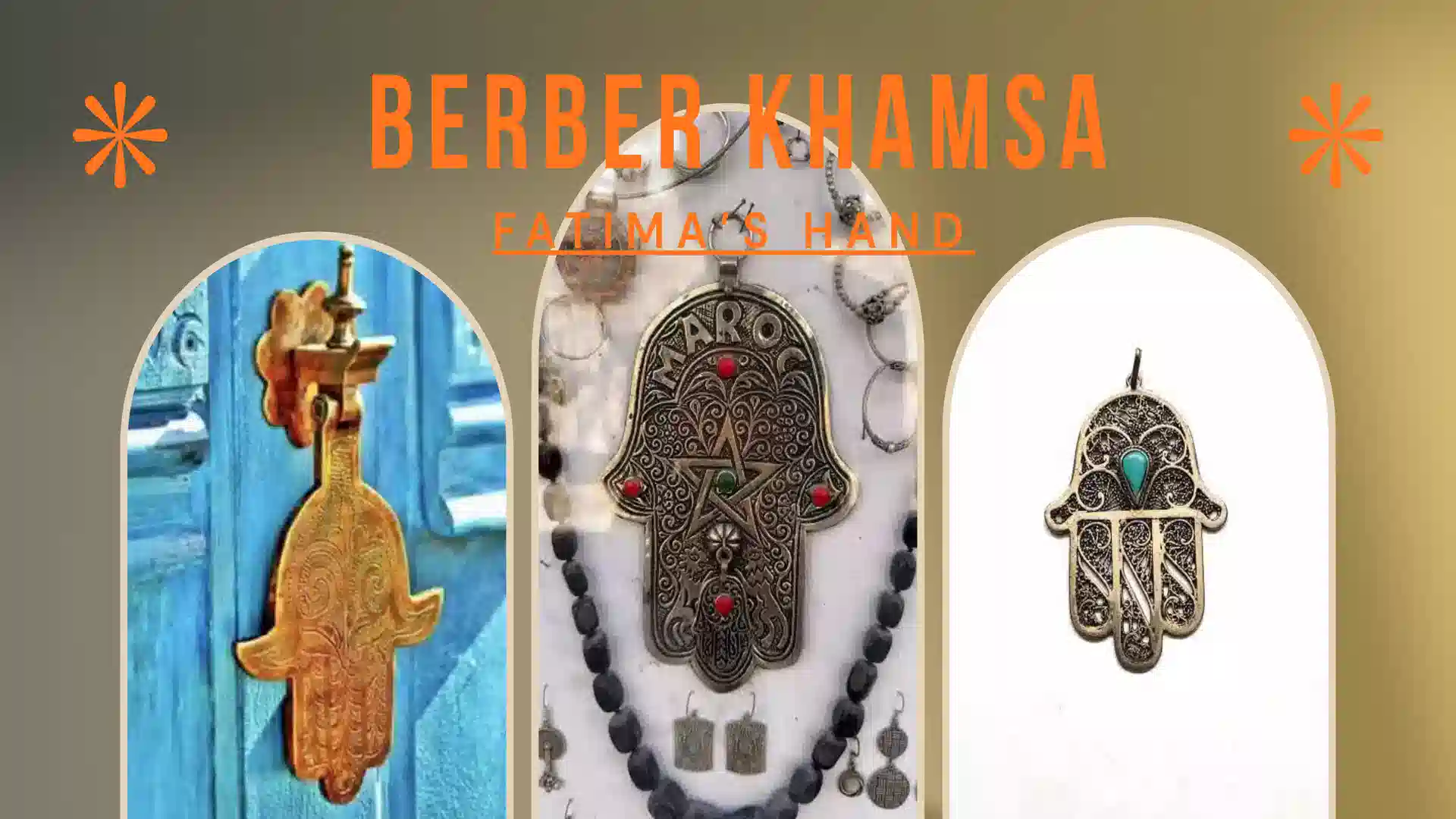 KHAMSA or the hand of Fatima showcasing three arch-framed images a traditional Moroccan brass door knocker.
