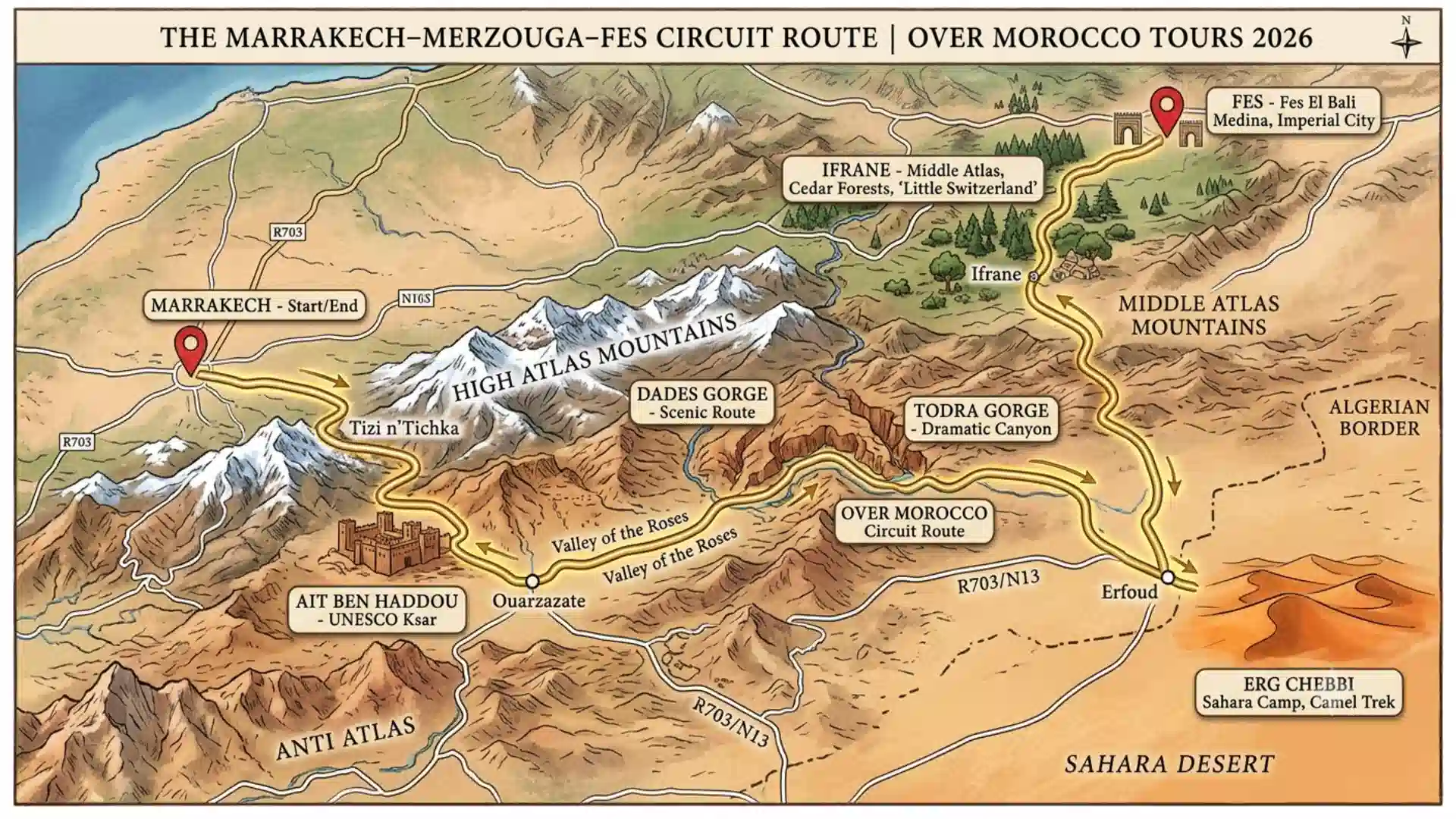 Map of the driving route from Marrakech to Merzouga via Ouarzazate and the Dades Valley