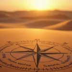 Wind rose compass design drawn in the sand dune looking toward the sun, depicting ancient Sahara Desert facts about navigation.