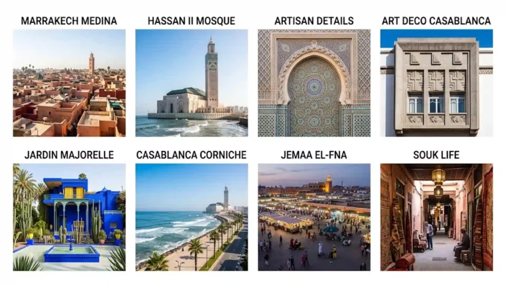 Grid collage featuring labeled landmarks of Marrakech like the Medina, Jardin Majorelle, and Jemaa el-Fna alongside Casablanca's Hassan II Mosque, Corniche, and Art Deco architecture.