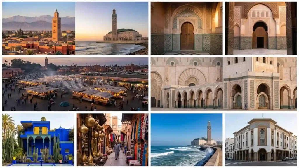 Photo collage comparing Marrakech highlights like Jemaa el-Fnaa and Jardin Majorelle with Casablanca landmarks such as the Hassan II Mosque.