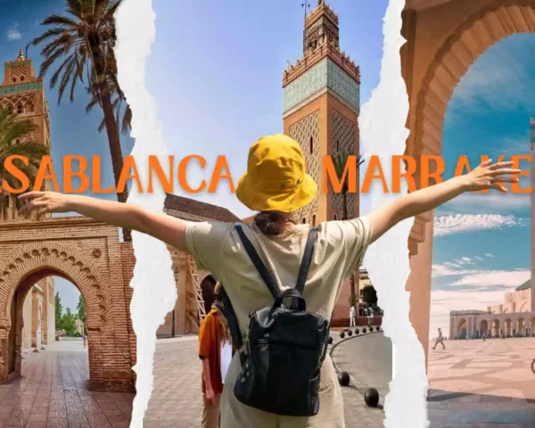 Torn-paper photo collage featuring a female traveler in a yellow hat with open arms standing between Marrakech monuments and the Hassan II Mosque in Casablanca.