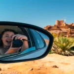 Side mirror reflection of a smiling woman taking a photo with a camera during a road trip in Morocco, with a traditional clay kasbah village blurred in the background.