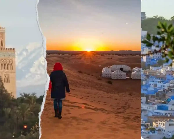 A panoramic photograph divided by a stylized torn paper edge, showcasing the top 3 places to visit in Morocco: the Koutoubia Mosque in Marrakech (left), the Sahara Desert with a woman at sunset (center), and the blue-washed buildings of Chefchaouen (right).