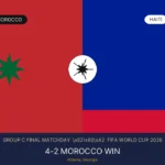 Split graphic showing Morocco and Haiti flags either side of a football, with GROUP C FINAL MATCHDAY text