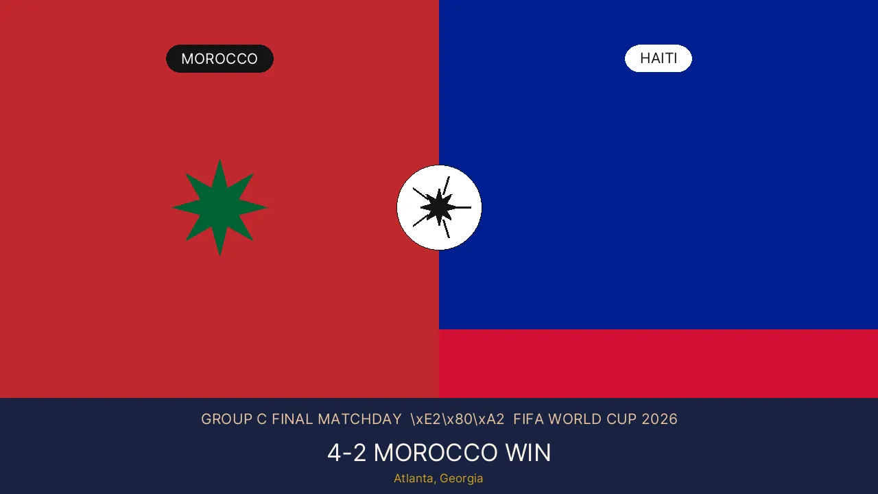 Split graphic showing Morocco and Haiti flags either side of a football, with GROUP C FINAL MATCHDAY text