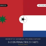 Split graphic showing Morocco and Netherlands flags either side of a football, with ROUND OF 32 text