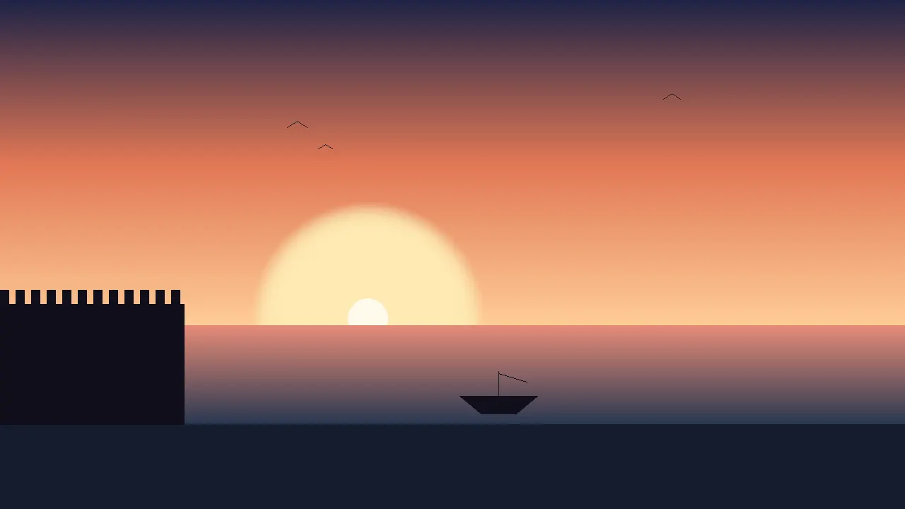 Silhouette of the historic Essaouira ramparts and a fishing boat against an orange Atlantic sunset
