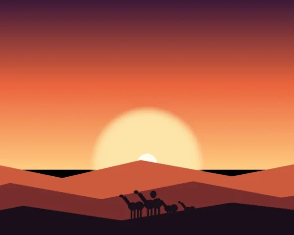 Camel caravan silhouette crossing the Erg Chebbi dunes at sunset in the Sahara Desert near Merzouga