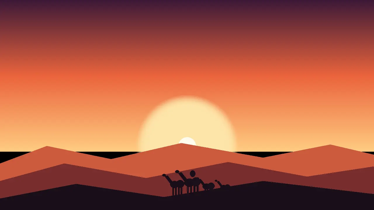 Camel caravan silhouette crossing the Erg Chebbi dunes at sunset in the Sahara Desert near Merzouga